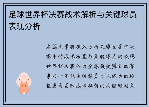 足球世界杯决赛战术解析与关键球员表现分析