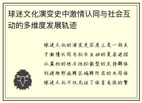 球迷文化演变史中激情认同与社会互动的多维度发展轨迹